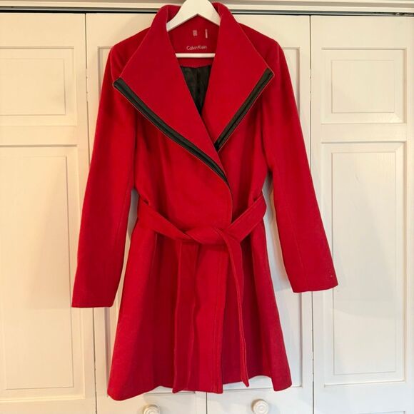 Calvin Klein bold red wool cashmere blend wrap peacoat size 10 - Picture 2 of 15